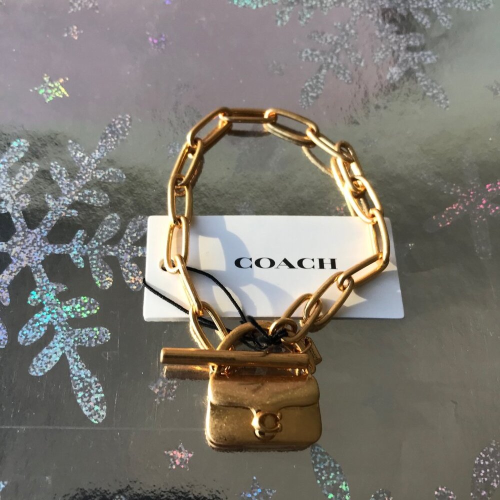 COACH MINI TABBY HANDBAG CHARM Matte Gold Tone Brass  Chain Bracelet  NWT - Picture 5 of 9